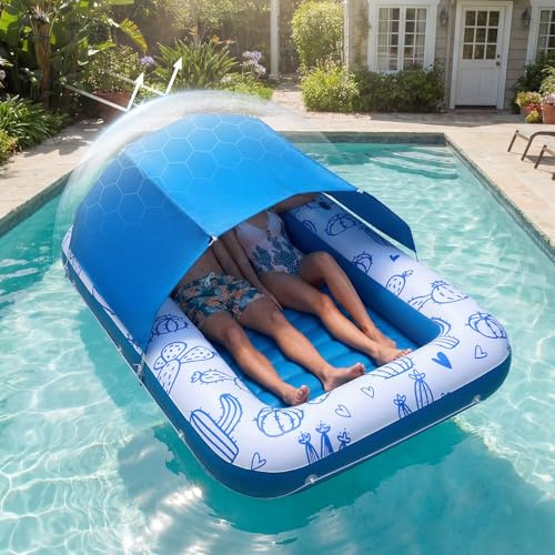 VEVOR Inflatable Tanning Pool with UPF 50+ Canopy, 82 x 55 Large Tanning Pool Floating Lounger for Adults, 550LBS Capacity Sunbathing Lounger Floaties with Pillow, Phone & Cup Holder for Water Fun