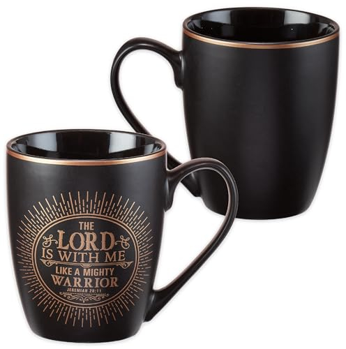 Christian Encouragement Gifts for Men - Matte Black Coffee Mug w/Metallic Font Scripture Verses “The Lord is with Me” Jeremiah 20:11 - 12oz Stoneware Mug, Christian Cup w/Handle