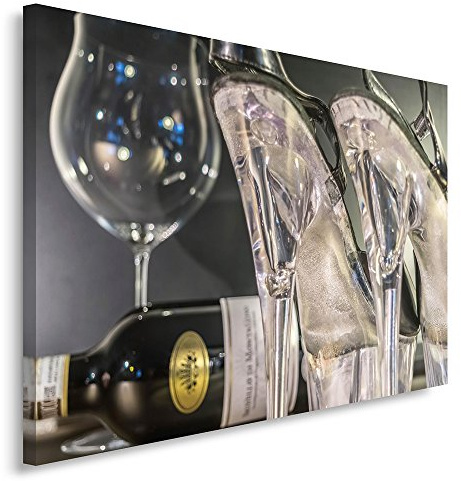 Feeby. Wandbild - 1 Teilig - 40x60 cm, Leinwand Bild Leinwandbilder Bilder Wandbilder Kunstdruck, SCHUHE, PUMPS, GLAS, FLSCHE, GRAU