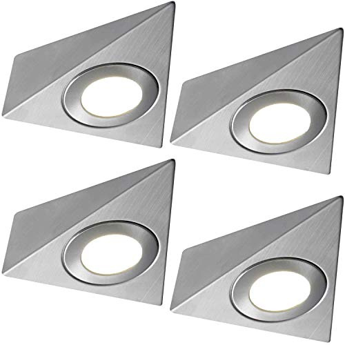 4 Pack | *240V Mains* LED Triangle Under Cabinet Kitchen Spotlights | Brushed Nickel & Warm White | Surface Mounted Light Fittings | Cupboard Worktop Counter Unit Lighting Kit | Loops