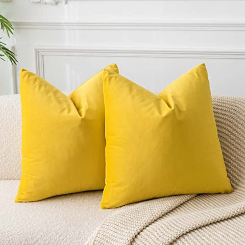 JUSPURBET Gelb Samt-Kissenbezüge 50cmx50cm 2er-Set für Wohnzimmer Couch Sofa Schlafzimmer Dekorative Quadratische Feste Weiche Kissenhüllen mit unsichtbarem Reißverschluss