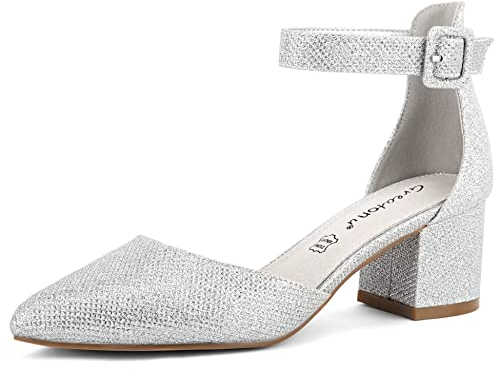 Greatonu Women Lady Wedding Party Bridal Closed Pointed Toe Mid Block Heels Ankle Strap Buckle Silver Glitter Mary Jane Court Shoes Size 5 UK