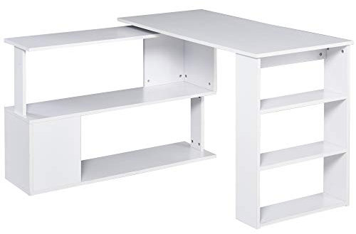 HOMCOM Bureau d'angle Table de Salle à Manger avec Rangement Bureau Informatique modulable bibliothèque intégrée + étagère 3 Niveaux Blanc