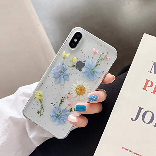 Bakicey Hülle für iPhone XS Handyhülle für iPhone X Echt Getrocknete Blumen Schutzhülle Kristall Gel Schale Ultradünn Echte Blume Bumper Case Cover hülle für iPhone XS/iPhone X, Blau lila