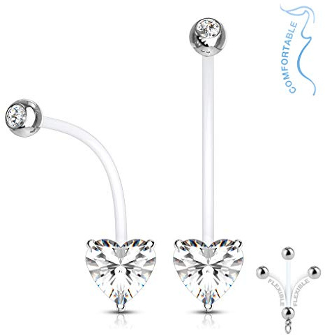 Tata Gisèle Piercing Nombril en Acier Chirurgical 316 L et Bioflex - Spécial Femme Enceinte - Oxyde de Zirconium Coeur Serti Acier Argenté - 25 mm
