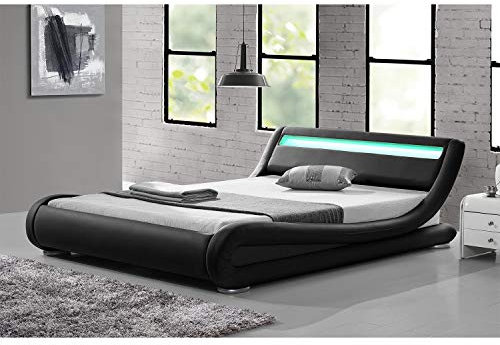 CONCEPT USINE | Lit Double Seattle 160x200 cm avec LED | Design Moderne en Simili Noir | Tête de Lit Lumineuse | Télécommande LED 4 Couleurs Incluse | Structure Plywood Solide et Sommier 2 Places