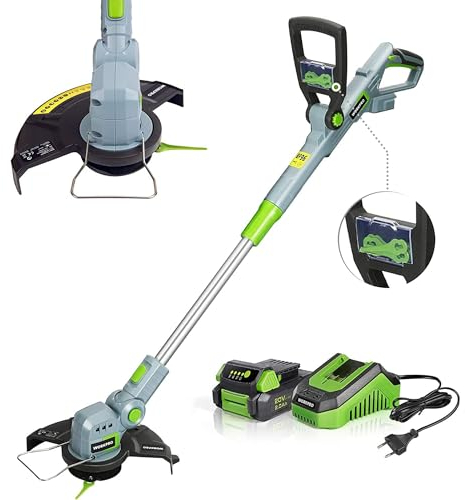 WORKPRO Coupe-Bordures sans Fil 20V avec Batterie 2,0 Ah, Charge en 1H, Tête de Coupe Rotative à 90°, 9000 TR/Min, Largeur de Coupe de 25 cm (Lame en Plastique 20 Pièces Comprises dans La Poignée)