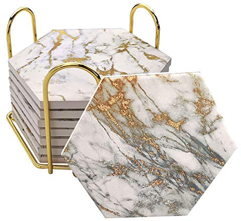 Untersetzer, 8 Stück, mit Metallhalterständer, Marmor-Design, Keramik-Untersetzer-Set, Korkbasis, goldene Heimdekoration für Tischschutz, Golddekoration, Barwagen-Zubehör (Golden)
