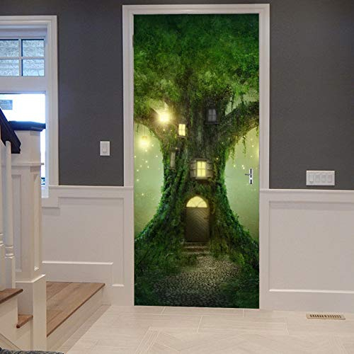 A.Monamour Türtapete Selbstklebend Türfolie Türposter 3D Verzauberte Große Grüne Baum Fenster Tür In Baum Märchen Szene Vinyl Folie Türdeko Tapete Wandbild Türaufkleber Türtattoo 90 x 200 cm