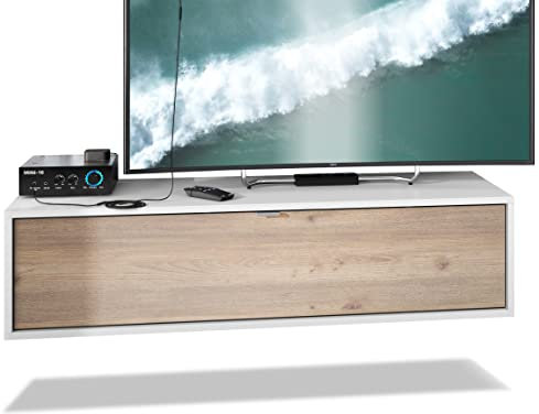 Vladon TV Board Lana 120 Mobile da Parete Porta TV 120 x 29 x 37 cm, Struttura in Bianco Opaco, Frontali in Rovere Nordic | Ampia Scelta di Colori