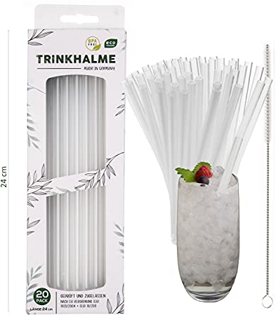 Pailles réutilisables de haute qualité, 20 pièces, 20 cm, fabriquées en ALLEMAGNE, en plastique, lavables au lave-vaisselle avec brosse de nettoyage, idéales aussi pour les enfants (transparente, 20)