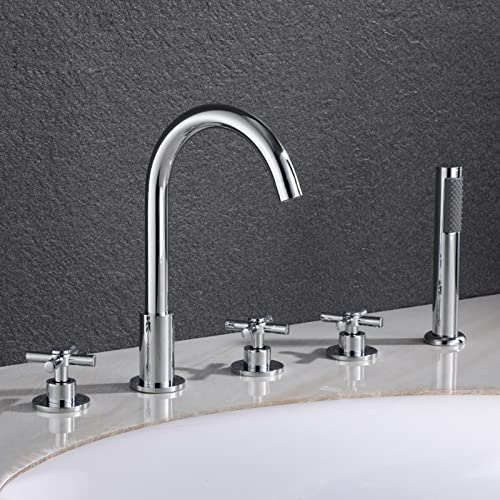Robinet de Baignoire à 5 Trous Mitigeur Baignoire Double Poignée Robinet Douche Bain Mitigeur avec Pommeau de Douchette Extractible Multifonction mitigeur douche-Chrome-A