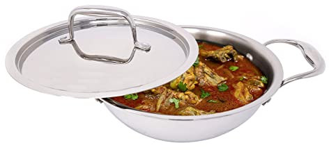 Stainless Steel Kadai Wok with Lid Triply Heavy Duty Bottom Karahi Kadhai Kadai Stainless Steel Deep Frying Pan Cooking Saute Stir Fry Pan Serving Dish with Handles (20cm)