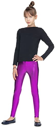 hi!mom Leggings da ragazza in lattice lucido a lunghezza intera, effetto metallizzato, effetto bagnato, pantaloni per bambini in finta pelle, pantaloni in lattice per bambine da 2 a 13 anni, Viola, 2
