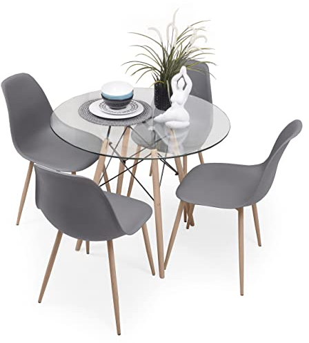 Homely – Conjunto de Comedor Tower Cairo Nordic 100 | Mesa + 4 sillas | Diseño Moderno | Comedor, Salón, Cocina, Sala | Mesa Redonda de Cristal de 100 cm | 4 sillas Color Gris Oscuro