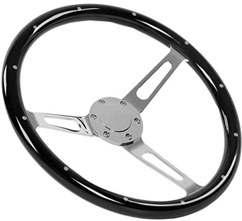 Weikeya Retro Lenkrad , Walnussgriff , 380 mm Durchmesser , genietete Montage , 3 Speichen , klassisches Holzlenkrad Automodifikationen(Schwarz)