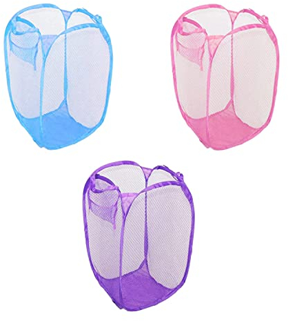 Homeshopa Laundry Baskets Pop Up Mesh Washing Bag, Foldable Laundry Hamper Bin Bag with Durable Handles & Side Pocket, Collapsible Clothes Toy Tidy Storage Organiser, Assorted Colours (Pack of 3)