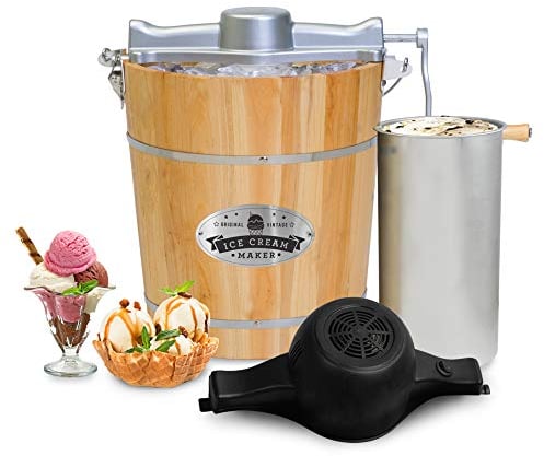 Elite Gourmet EIM402 Sorbetière électrique vintage en bois de 3,8 L, manivelle classique moulée sous pression, pour préparation de crème glacée avec glace et sel gemme en quelques minutes, pin