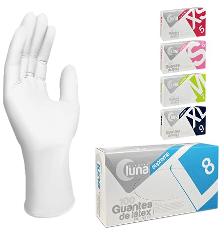 MUNTRADE Guantes Desechables de Látex - 100 unidades/caja, Sin Polvo, Guantes Látex Blanco Talla L
