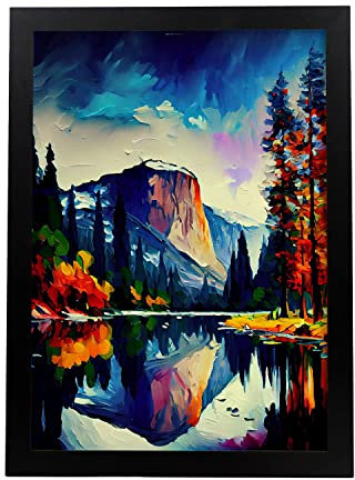 Nacnic Poster Yosemite-Park im Ölgemälde Stil. Illustrationen von Denkmälern und Städten im fotografischen Vollfarbstil. Innenarchitektur und Dekoration. A3 mit schwarzen Rahmen.