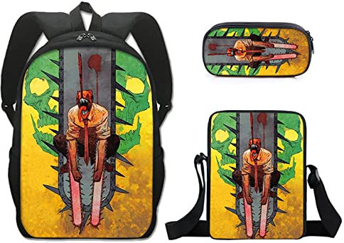 Anime Chainsaw Man School Backpack Cartoon Pochita Pencil Case Power Handbag Denji Daypack Laptop Bag College Bag 3 Pieces/Set