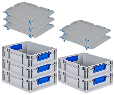 PROREGAL SuperSparSet 5x Eurobox NextGen Color mit Auflagedeckel & Schiebeschnappverschlüsse, HxBxT 12x30x40cm, 11L, Griffe blau geschlossen, Glatter Boden, Eurobehälter Transportbox Transportbehälter
