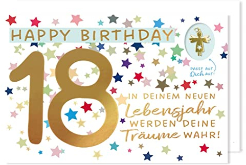 18 Geburtstag Grußkarte Karte Glücksbringer Metall Anhänger Engel bunte Sterne Träume 16x11cm