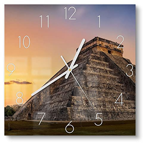 DEQORI Glasuhr | 30x30 cm | Motiv Maya-Pyramide am Abend | ausgefallene leise Design Uhr aus Glas | Wanduhr für Wohnzimmer & Küche | Moderne Hingucker Uhr für die Wand