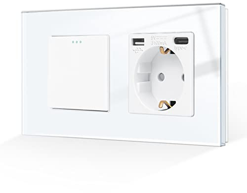 CNBINGO Interruptor de luz con enchufe, enchufe de cristal empotrado con conector USB (tipo C y tipo A 3,1 A total), interruptor de botón Negro, interruptor de 2 bandas de 1 vía