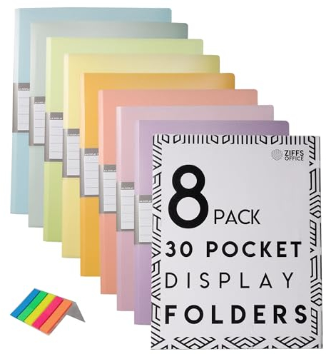Ziffs Office® Lot de 8 chemises A4 à 30 pochettes - Couleur pastel - Avec pochettes en plastique - Porte-vues - 250 étiquettes autocollantes incluses - Marque britannique