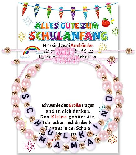 HOWAF 2 Endlich Schulkind Armband Mädchen Schulanfang Armband Mama Armbänder Rosa, Einschulung Geschenk Karte Schulanfang Geschenke Einschulung Mädchen für Erster Schultag Schultüte Füllung