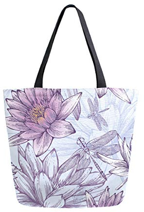 DJNGN Lila Seerosen Blumen Libelle Canvas Einkaufstasche Frauen Casual Schulter Handtasche große wiederverwendbare Einkaufstasche