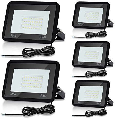 Lospitch Projecteur LED, 5PCS 30W Blanc Froid Spot LED Extérieur IP66 Étanche, Projecteur LED extérieur puissant 2550LM 6000K d'éclairage de sécurité, pour Entrée Patio (Sans prise)