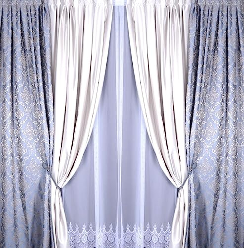2x Set Luxus fertig Vorhänge Gardine nach Maß Jacquard 3D Textur klassisch Barock Muster Blau Grau Wohnzimmer Schlafzimmer Haus Wohnung Villa 140 cm breit 140 - 300 cm Lang (120 x140 cm) (280 x140 cm)