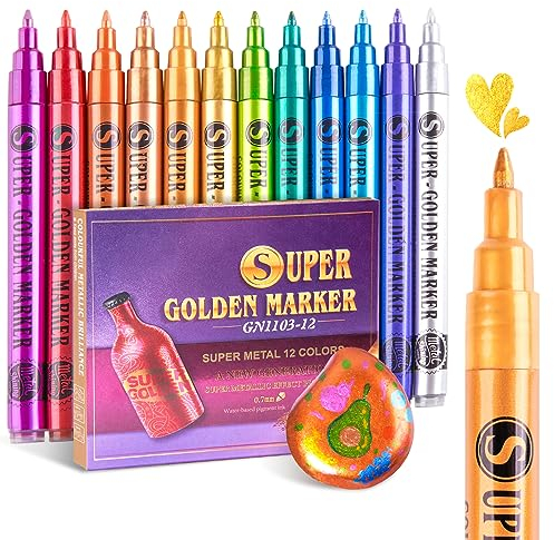 Metallic Paint Pens Acrylic Paint Markers-12 Colors Sparkle Metallic Markers Art Glitter Pens for Scrapbook Supplies, Black Paper, Rock Painting, Ceramic, Glass, Wood, Canvas, Mugs, Christmas Crafts