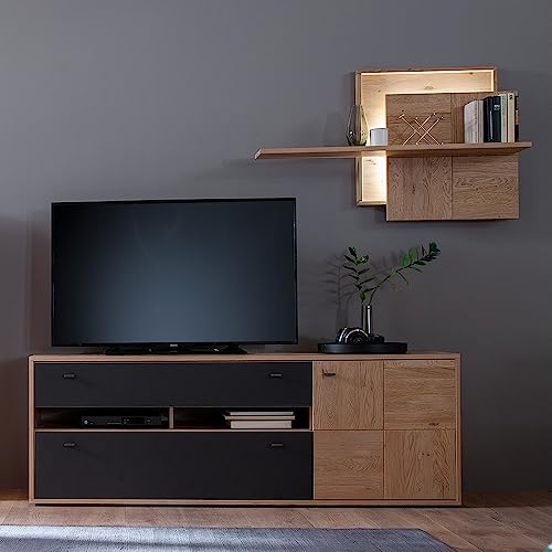 Lomadox Wohnwand Anbauwand Eiche Bianco teilmassiv 2-teilig Modern, 1 TV-Lowboard, 1 Wandboard