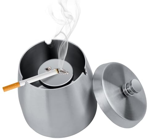 Cendrier Inoxydable Noir Avec Couvercle - Portable pour Intérieur et Extérieur, Tapis Antidérapant, pour Restaurant, Bar (Argent)