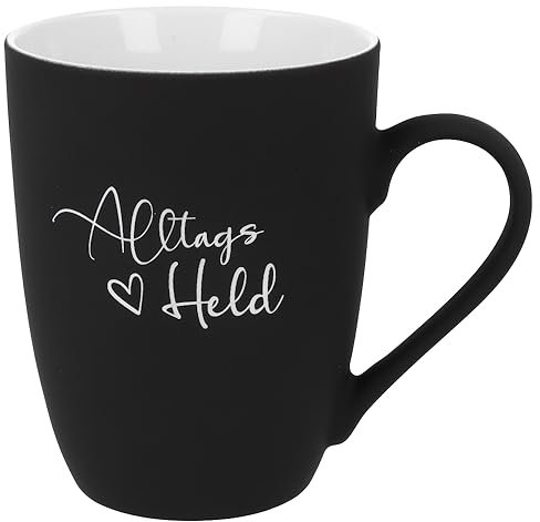 Spruchreif | Soft-Touch Tasse Schwarz Alltags Held – Beidseitig gravierte Tasse mit Heldenspruch | Wertschätzendes Geschenk für Kollegen, Freunde & Familienmitglieder