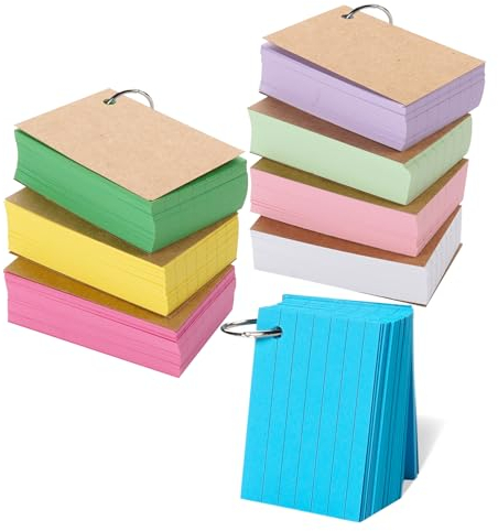 Agoer A8 Revision Index Cards, 800 Pieces Lined on Both Sides, Assorted Colorful Flashcards with Metal Rings for Study, Office, School Learning Memo