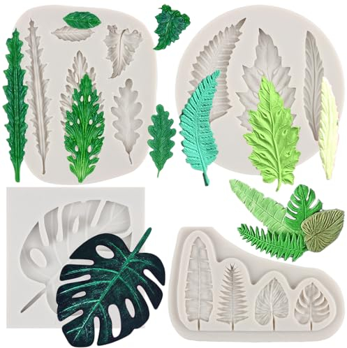 MYPRACS Lot de 4 moules en silicone en forme de feuille tropicale de fougère pour fondant en forme de feuille de palmier - Moule à chocolat en forme de feuille de monstera pour décoration de gâteaux