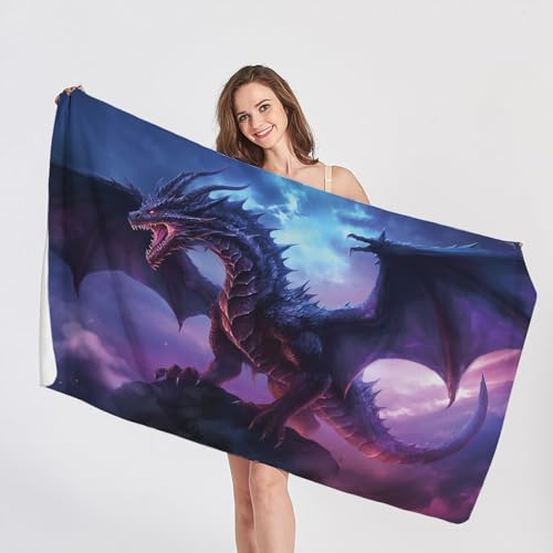 QEODAH Strandtuch Drachen - Badetuch Fantasie Tiere - Schnelltrocknend & Ultraleicht & Sandfreie Strandhandtuch, Weich Mikrofaser Handtücher, badehandtuch groß 150x200, Pflegeleicht Handtuch