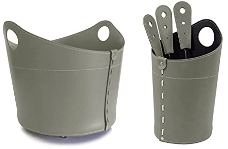 LIMAC Design INCAD, Set monderno da Camino in Cuoio composto da Portalegna, Attrezzi da Camino e sacca per accessori caminetto in cuoio, prodotto in Italia. Tortora
