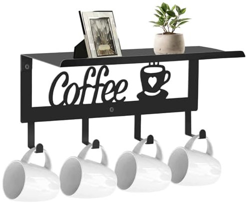 ArtHue Porte-tasses à café mural en métal noir avec 4 crochets, support mural avec étagère de rangement pour café, cuisine, bureau, ferme, décoration d'intérieur