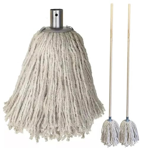 Cotton Mop Head With Handle Durable with Steel Clip Socket Super Absorbent Twist and Lock With 120cm Long Wooden Handle for Cleaning Floors Industrial & Commercial Use (Pack of 2, Mop with Handle)