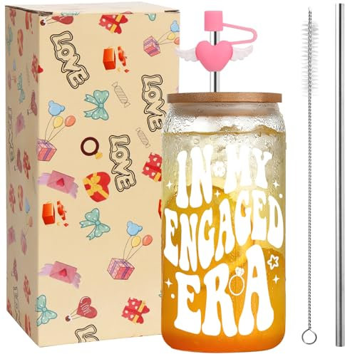Ninivi Engagement Gifts - 16oz Iced Coffee Glass Tumbler with Lids Straws and Straw Cover, Valentines Day Gifts, Engagement Gifts for Couples, Bride Gifts, Engagement Presents, Wedding Gifts