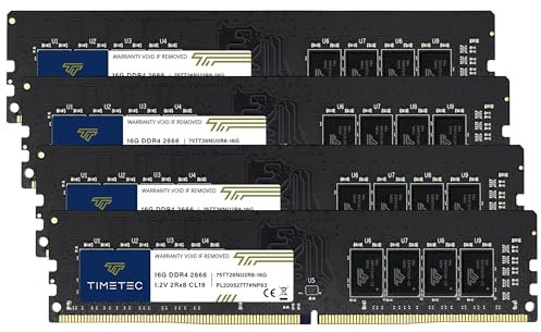 Timetec, kit 64GB (4x16GB) DDR4 2666MHz (PC4-2666V) PC4-21300 UDIMM per RAM desktop – modulo DIMM di memoria 288-pin 1,2 V CL19 Non-ECC non bufferizzato per aggiornamento