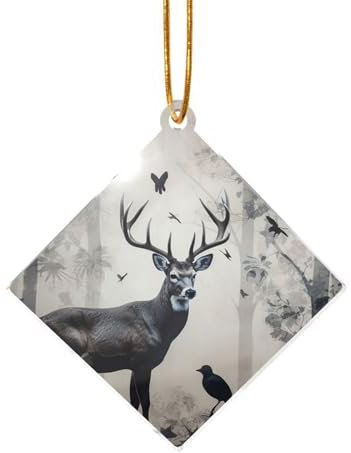Weihnachtsschmuck, quadratischer Weihnachtsbaum, Keramik, zum Aufhängen, für Weihnachtsbaumschmuck, Jagd, Silhouette von Hirsch, Weihnachtsschmuck mit Goldband, Porzellananhänger für Weihnachtsfeier,