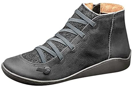 Stivali da donna in pelle piatta casual con cerniera laterale punta rotonda stivali da caccia da donna, Grigio, 40 EU