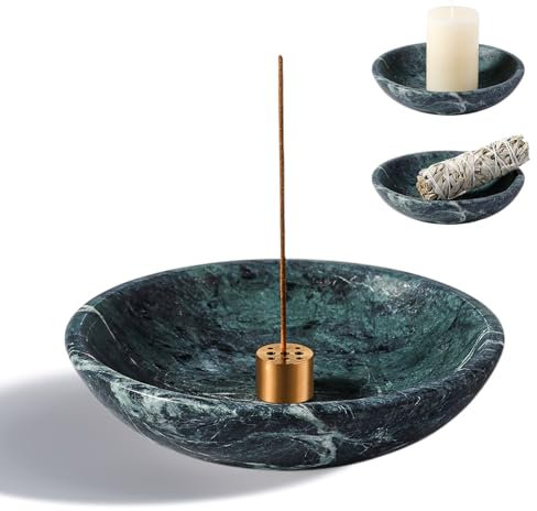Koville Porte-encens en marbre naturel pour bâtons avec 9 trous d'encens, fait à la main pour la méditation, le yoga, le spa, Palo Santo/sauge/cône (vert alpi)