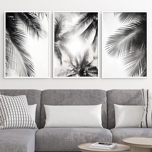 Black And White Palm Tree Canvas Wall Art Nordic Botanical Art Plant Pictures Tropical Palm Tree Artwork Photography Prints Black And White Landscape Poster Coconut Tree Painting 16x24inchx3 No Frame
